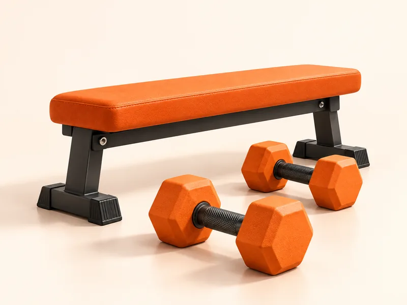 Orange training bench and dumbbells in a warm, light studio