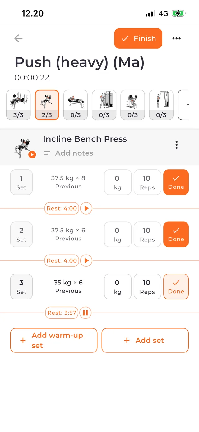 Bodyper workout logging with sets, previous weights and rest timers