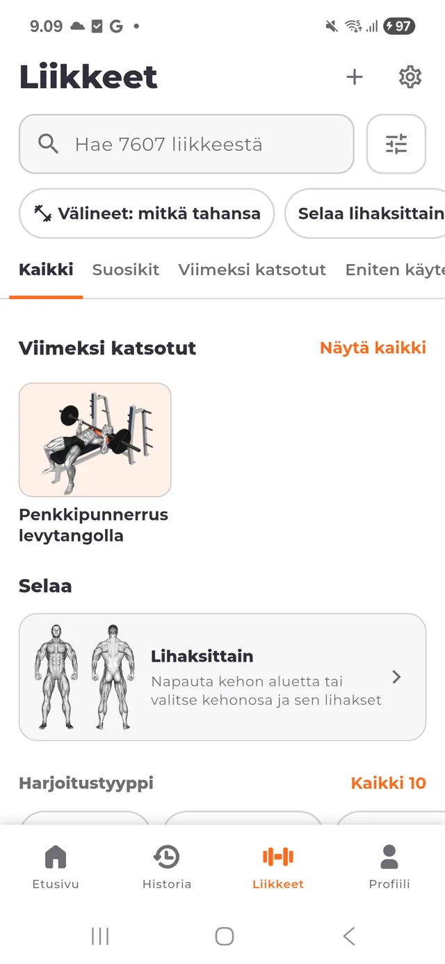 Etsi liikkeet ja videot omaan saliohjelmaasi — Kuva sovelluksesta