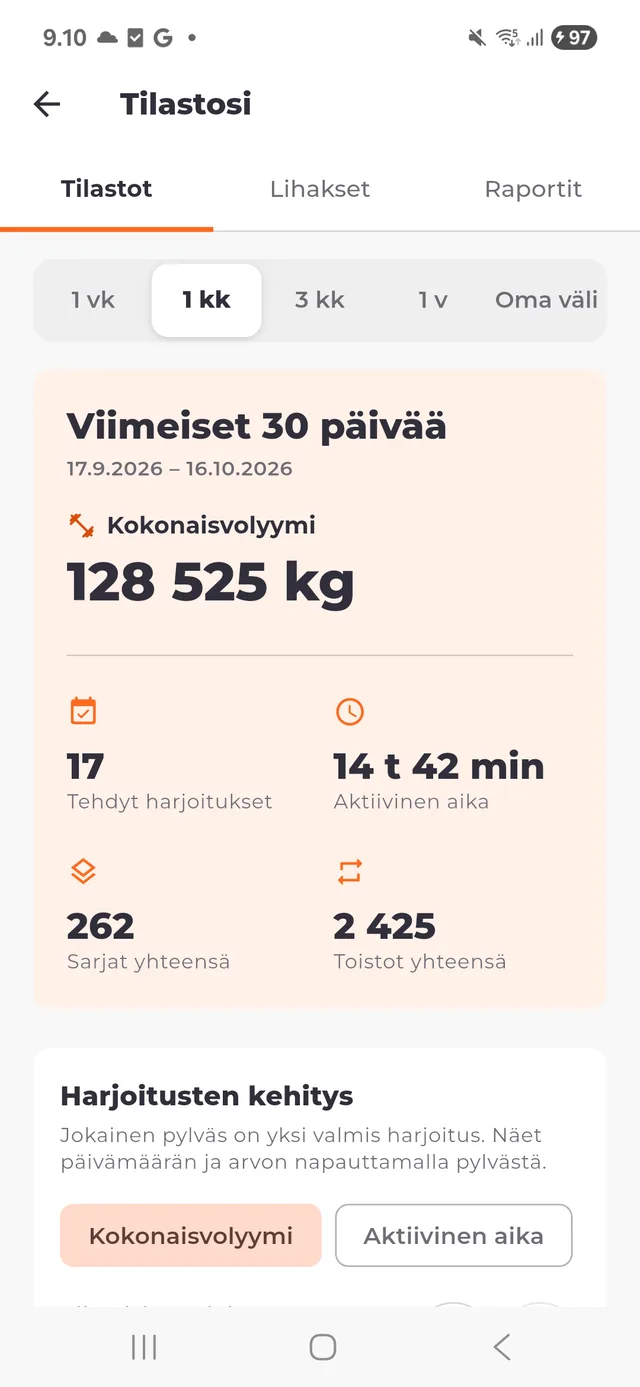 Ymmärrä harjoitustilastot ja oma kehityksesi — Kuva sovelluksesta